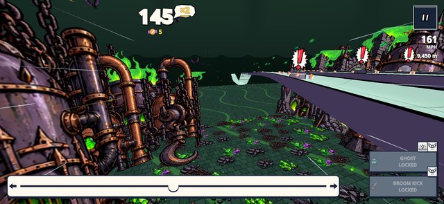 Airborne beside a narrow slide among furnaces and green fire.
