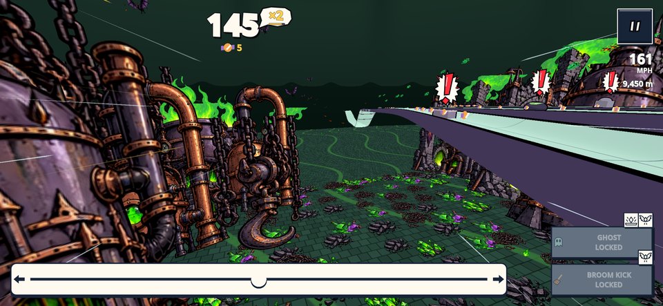 Airborne beside a narrow spectral slide among huge pipes and green furnace fire.