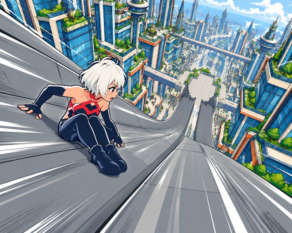 Maki bracing feet-first through a steep rooftop descent, watching the next broken landing.