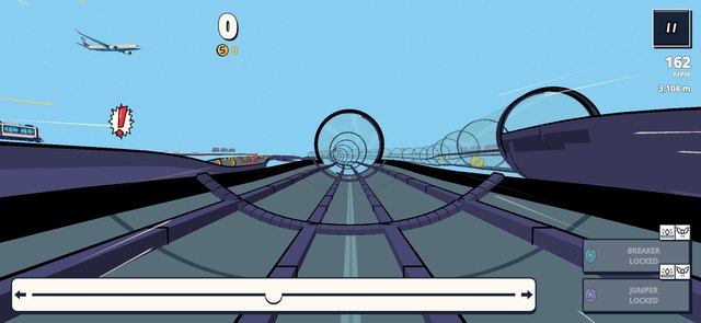 A tube entrance ahead between elevated monorail trains.