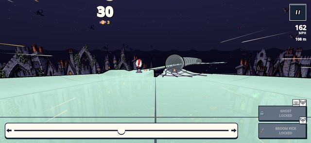 A spectral slide heads toward an obstacle above the moonlit rooftops.
