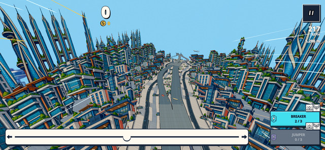 A first-person leap above the city toward a narrow rooftop slide.